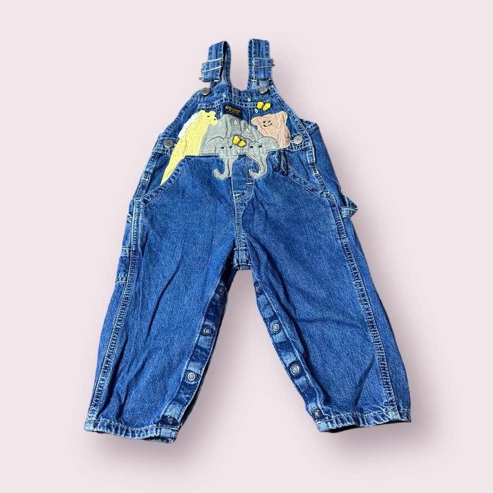 Baby Vintage OshKosh B’Gosh Denim Overalls W/ Hand Embroidered Animals & Rainbow